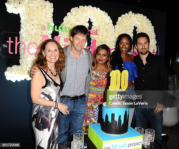 Beth Grant, Ike Barinholtz, Mindy Kaling, Xosha Roquemore and Ed Weeks attend the 100th episode celebration of "The Mindy Project" at E.P. & L.P. On...