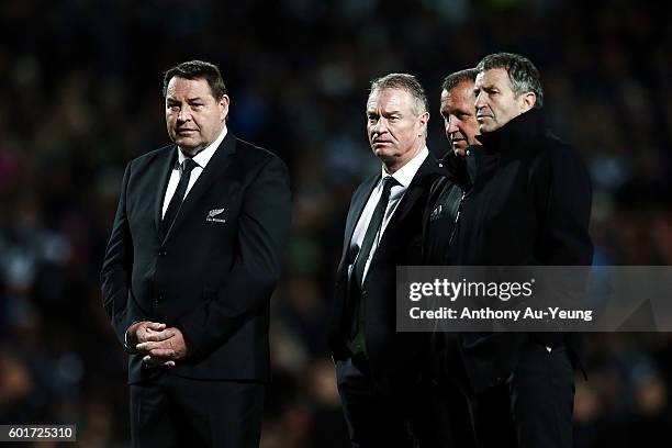 Head Coach Steve Hansen with Assistant Coaches Grant Fox, Ian Foster and Wayne Smith look on prior to the Rugby Championship match between the New...