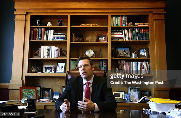 Kansas Secretary of State Kris Kobach discusses the Kansas proof of citizenship requirements for voter registration in his office in Topeka, Ks....