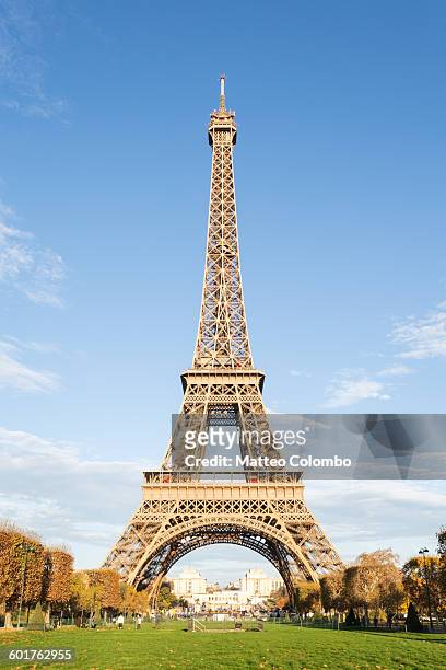 eiffel tower with blue sky, paris, france - torre eiffel imagens e fotografias de stock