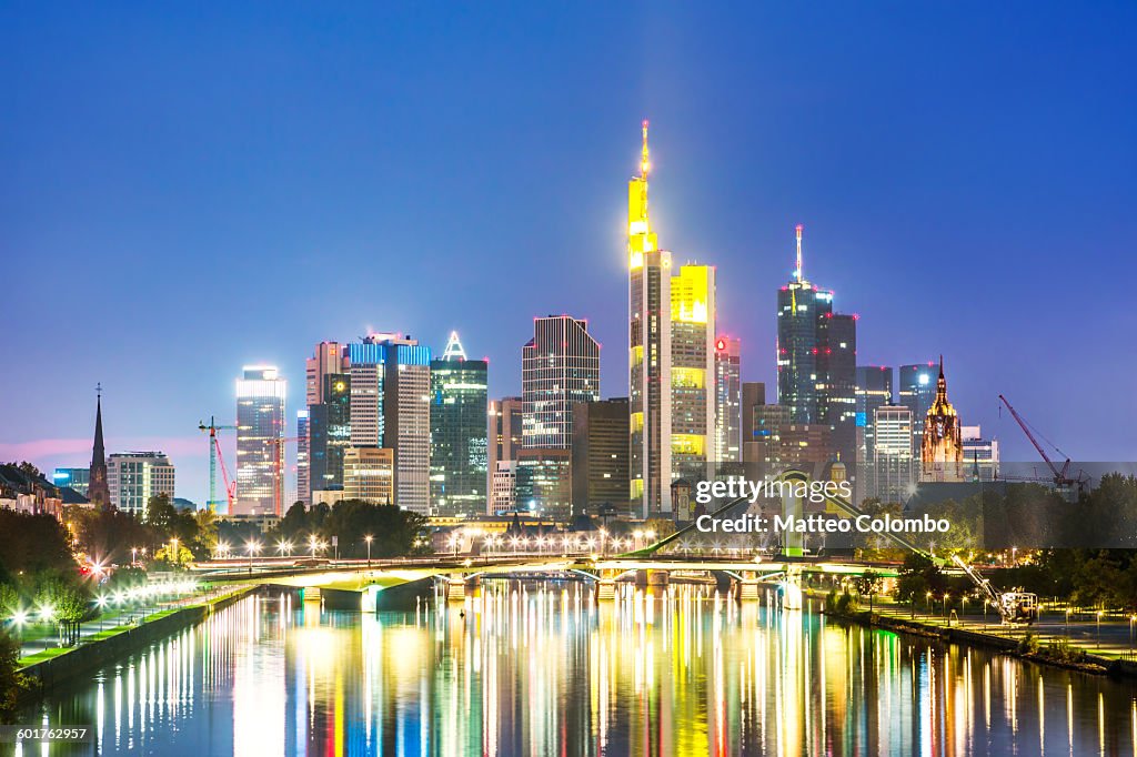 Frankfurt skyline and river at night, Germany