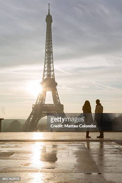 couple of tourists looking at eiffel tower, paris - couple paris stock-fotos und bilder
