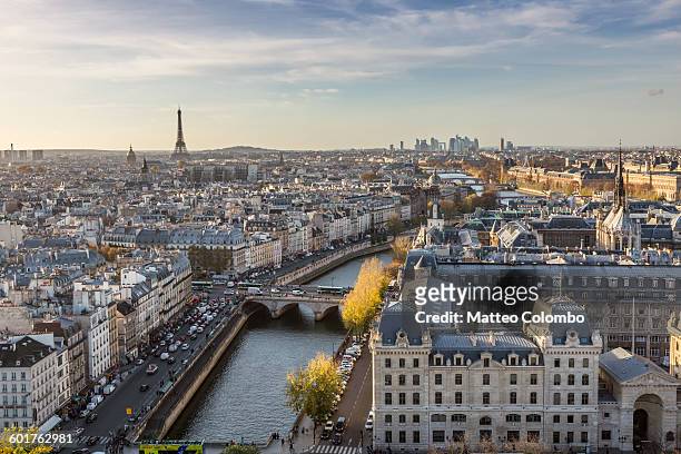 aerial view of paris city with eiffel tower - paris foto e immagini stock