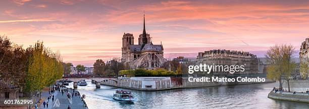 panoramic of notre dame at sunset, paris - notre dame de paris fotografías e imágenes de stock