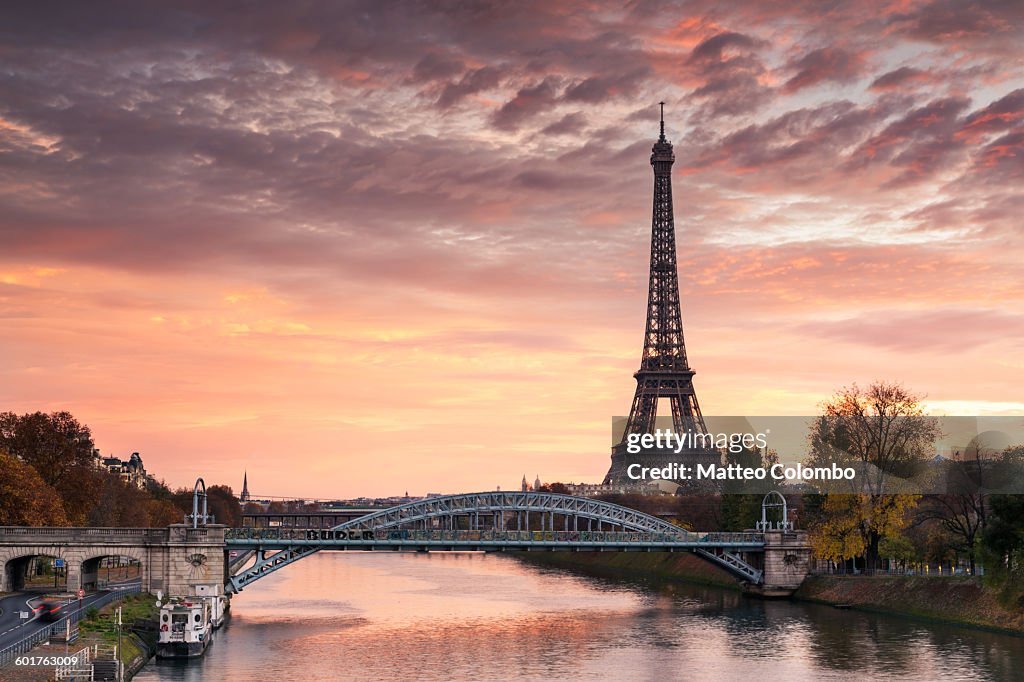 Dawn over Eiffel tower and Seine, Paris, France