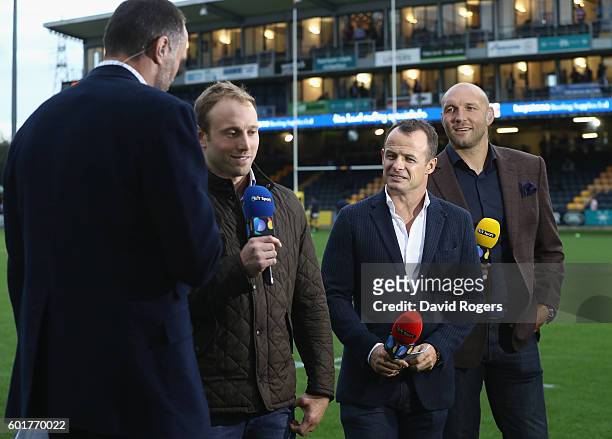 Martin Bayfield, Chris Pennell, Austin Healy and Ben Kay of BT Sport look on during the Aviva Premiership match between Worcester Warriors and...