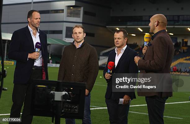 Martin Bayfield, Chris Pennell, Austin Healy and Ben Kay of BT Sport look on during the Aviva Premiership match between Worcester Warriors and...