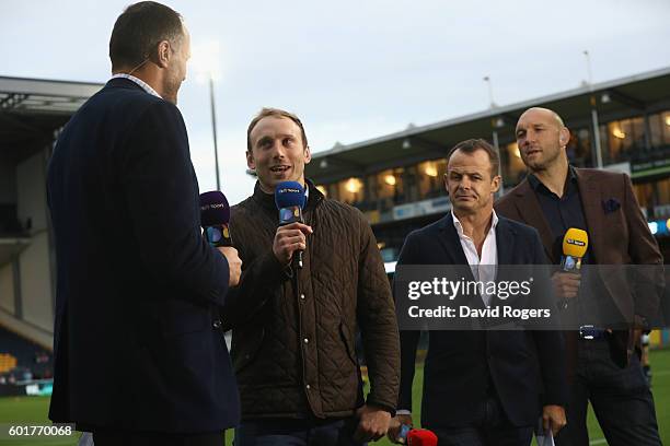 Martin Bayfield, Chris Pennell, Austin Healy and Ben Kay of BT Sport look on during the Aviva Premiership match between Worcester Warriors and...