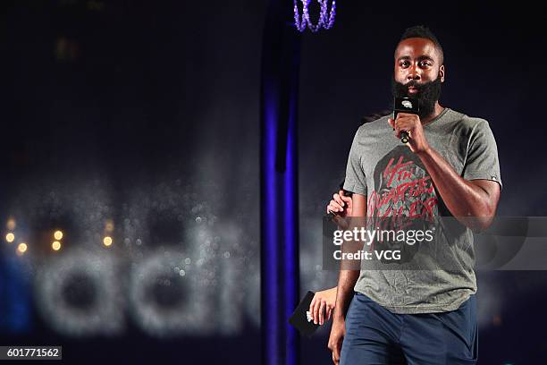 American basketball player James Harden interacts with fans at New World Taiping Lake Garden on September 9, 2016 in Shanghai, China.