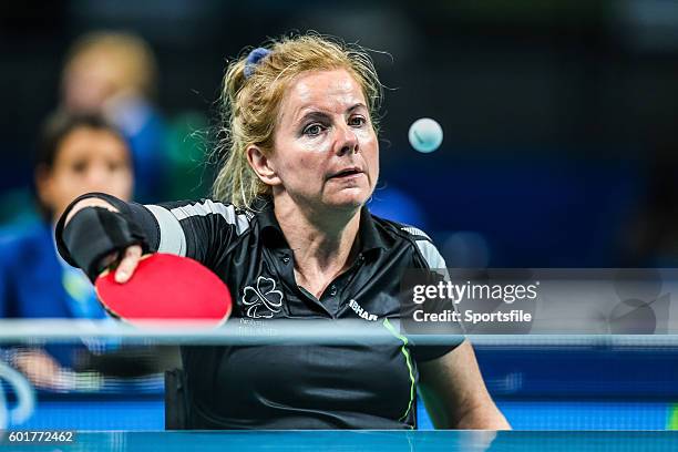 Rio , Brazil - 9 September 2016; Rena McCarron-Rooney of Ireland in action against Maha Bargouthi of Jordan during their Women's Singles Table Tennis...