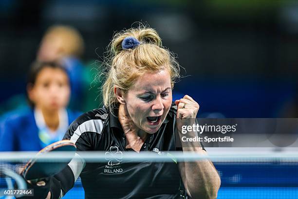 Rio , Brazil - 9 September 2016; Rena McCarron-Rooney of Ireland celebrates a point against Maha Bargouthi of Jordan during their Women's Singles...