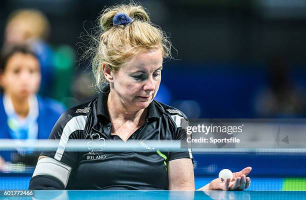 Rio , Brazil - 9 September 2016; Rena McCarron-Rooney of Ireland in action against Maha Bargouthi of Jordan during their Women's Singles Table Tennis...