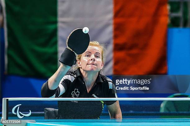Rio , Brazil - 9 September 2016; Rena McCarron-Rooney of Ireland in action against Maha Bargouthi of Jordan during their Women's Singles Table Tennis...