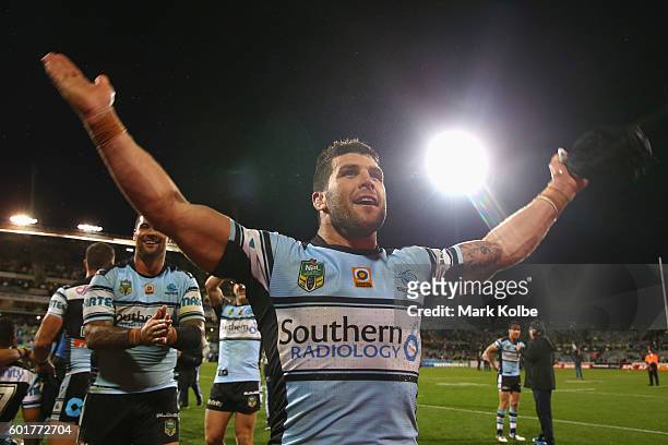 Michael Ennis of the Sharks celebrates victory during the NRL Qualifying Final match between the Canberra Raiders and the Cronulla Sharks at GIO...