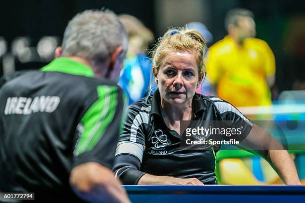 Rio , Brazil - 9 September 2016; Rena McCarron-Rooney of Ireland speaks to a coach during the Women's Singles Table Tennis Class 1-2 Group B...