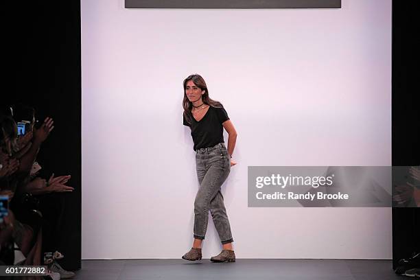 Designer Francesca Liberatore greets the audience after her Francesca Liberatore September 2016 Spring 2017 New York fashion Show at The Dock,...