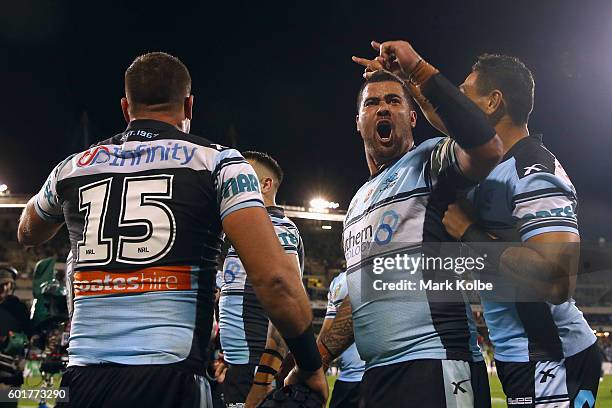 Andrew Fifita of the Sharks celebrates victory during the NRL Qualifying Final match between the Canberra Raiders and the Cronulla Sharks at GIO...