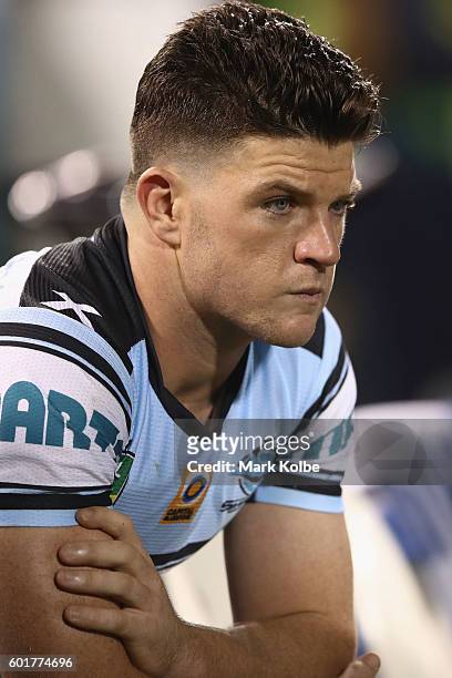 Chad Townsend of the Sharks watches on from the bench during the NRL Qualifying Final match between the Canberra Raiders and the Cronulla Sharks at...