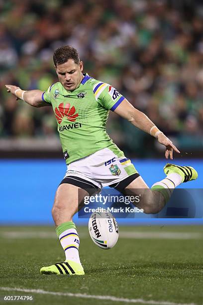 Aidan Sezer of the Raiders attempts to kick a field goal during the NRL Qualifying Final match between the Canberra Raiders and the Cronulla Sharks...