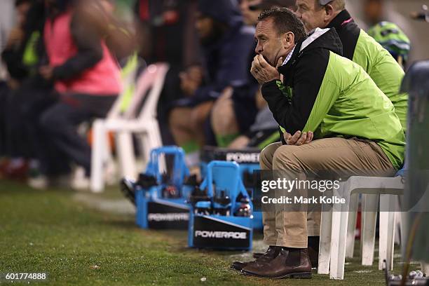 Raiders coach Ricky Stuart watches on during the NRL Qualifying Final match between the Canberra Raiders and the Cronulla Sharks at GIO Stadium on...