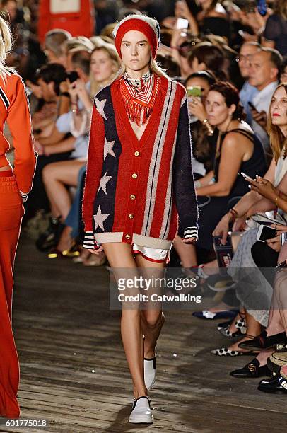 Model walks the runway at the TommyNow by Tommy Hilfiger Fall Winter 2016 fashion show during New York Fashion Week on September 9, 2016 in New York,...