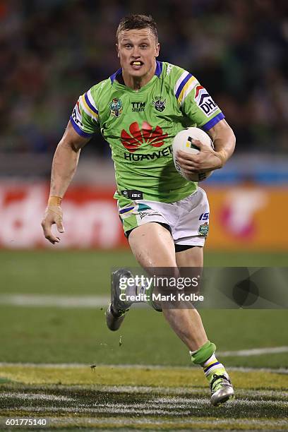 Jack Wighton of the Raiders makes a break during the NRL Qualifying Final match between the Canberra Raiders and the Cronulla Sharks at GIO Stadium...
