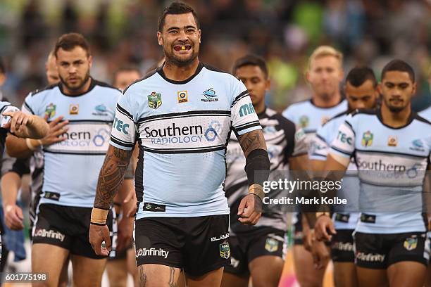 Andrew Fifita of the Sharks watches on during the NRL Qualifying Final match between the Canberra Raiders and the Cronulla Sharks at GIO Stadium on...