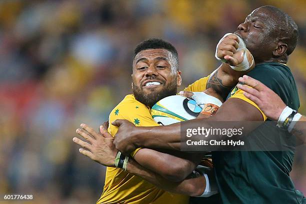 Samu Kerevi of the Wallabies is tackled during the Rugby Championship match between the Australian Wallabies and the South Africa Springboks at...