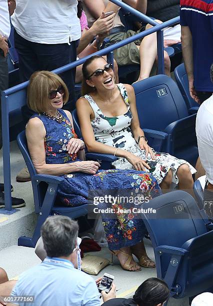 Anna Wintour and Jelena Djokovic, Novak's wife, attend the men's semifinal between Novak Djokovic of Serbia and Gael Monfils of France at Arthur Ashe...