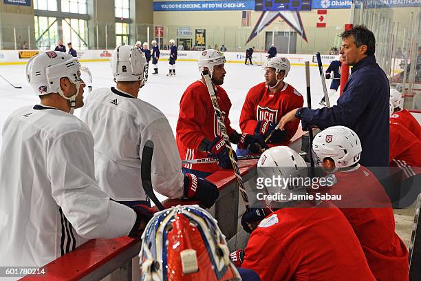 Assistant Coach Jack Capuano of Team USA instructs his penalty killers during practice in preparation for the World Cup of Hockey on September 8,...