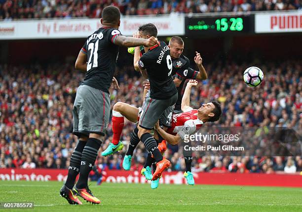 Laurent Koscielny of scores his sides first goal during the Premier League match between Arsenal and Southampton at Emirates Stadium on September 10,...