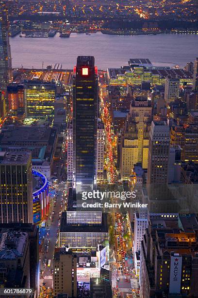 dusk aerial view of 34th street & midtown west - madison square garden building stock pictures, royalty-free photos & images