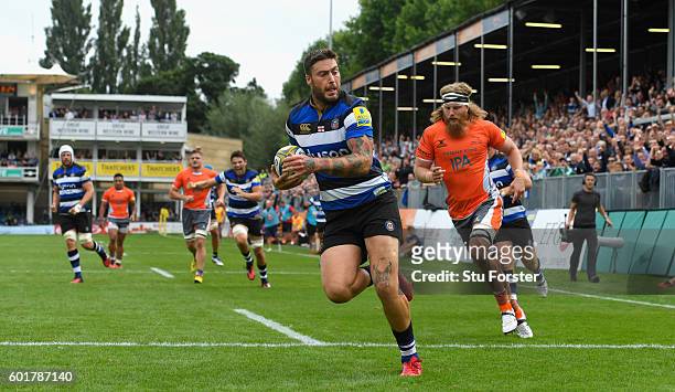 Bath wing Matt Banahan runs in the second try during the Aviva Premiership match between Bath Rugby and Newcastle Falcons at Recreation Ground on...
