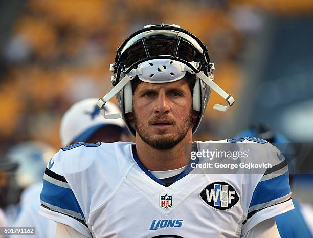 Quarterback Dan Orlovsky of the Detroit Lions looks on from the sideline during a National Football League preseason game against the Pittsburgh...