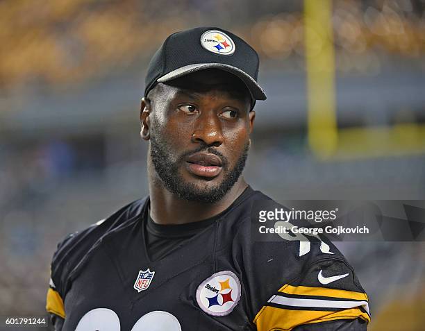 Linebacker James Harrison of the Pittsburgh Steelers looks on from the sideline during a National Football League preseason game against the Detroit...