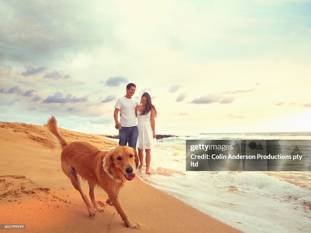 Couple and dog walking on beach
