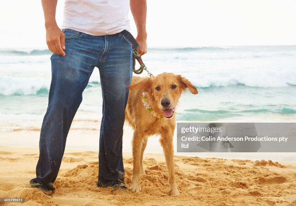 Caucasian man walking dog on beach