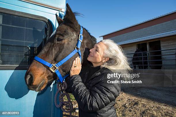 caucasian woman petting horse on ranch - 1 woman 1 horse fotografías e imágenes de stock