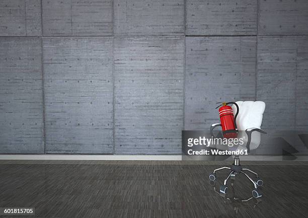 3d illustration, swivel chair with fire extinguisher - fire prevention stock illustrations