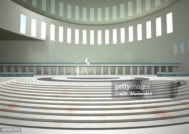 indoor view of a hall with round steps, 3d rendering - oberlicht stock-grafiken, -clipart, -cartoons und -symbole