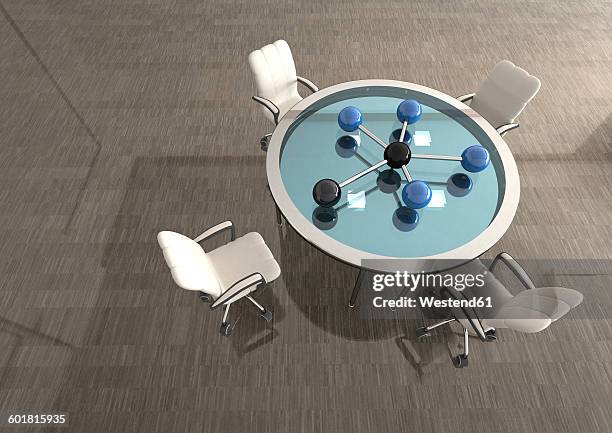 room with network on table and swivel chairs, 3d rendering - conference table top view stock illustrations