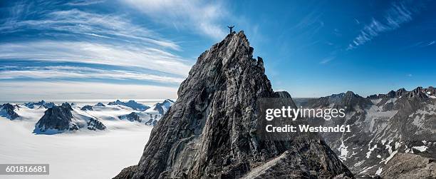 greenland, schweizerland, kulusuk, mountaineer on mountaintop - higher return stock pictures, royalty-free photos & images