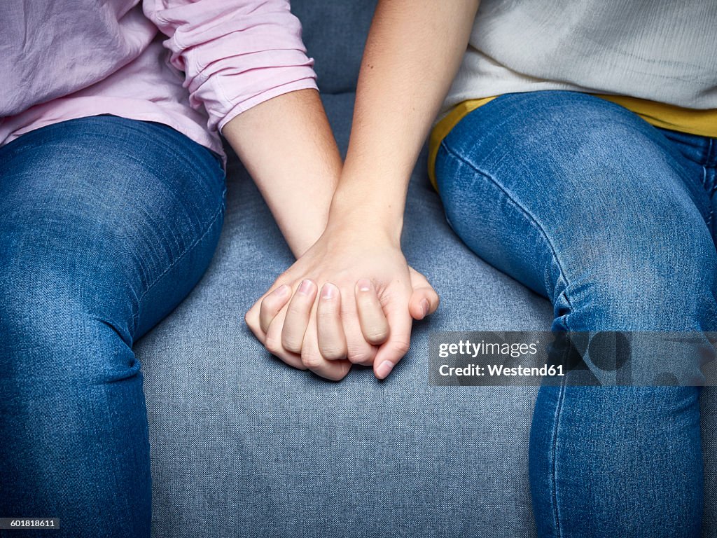 Partial view of lesbian couple holding hands on couch