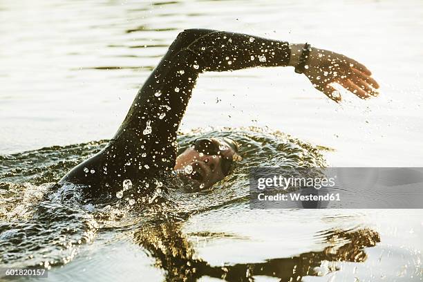 triathlete swimming in lake - triatlón fotografías e imágenes de stock