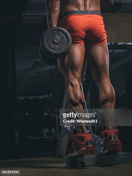 bodybuilder training calves in gym - ふくらはぎ ストックフォトと画像