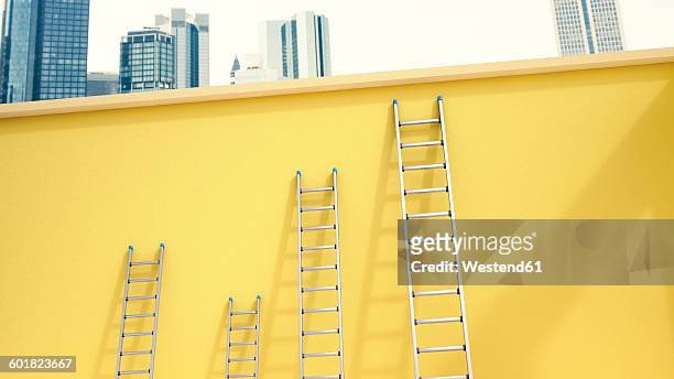 stockillustraties, clipart, cartoons en iconen met 3d rendering, ladders leaning on yellow wall in front of skyline - odds