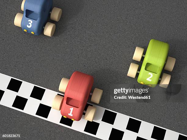 3d rendering, toy racing cars at finishing line - car racing stock illustrations