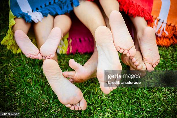 four pairs of feet stick out the end of a colorful blanket on the grass - woman lying on stomach with feet up foto e immagini stock