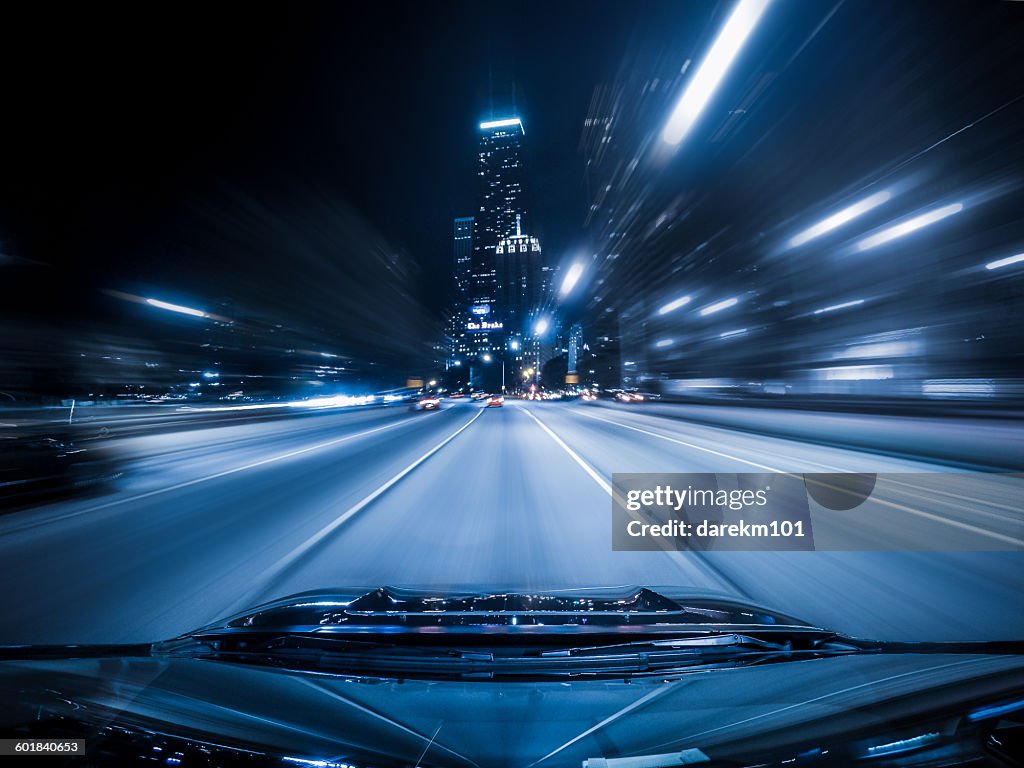 View from the top of a car driving down highway, Chicago, Illinois, America, USA
