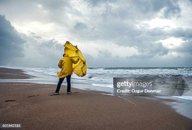man on windy beach - regenmantel stock-fotos und bilder